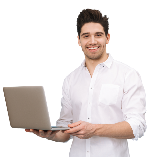 a man in white t shirt holding laptop with his hand, signing up for language test